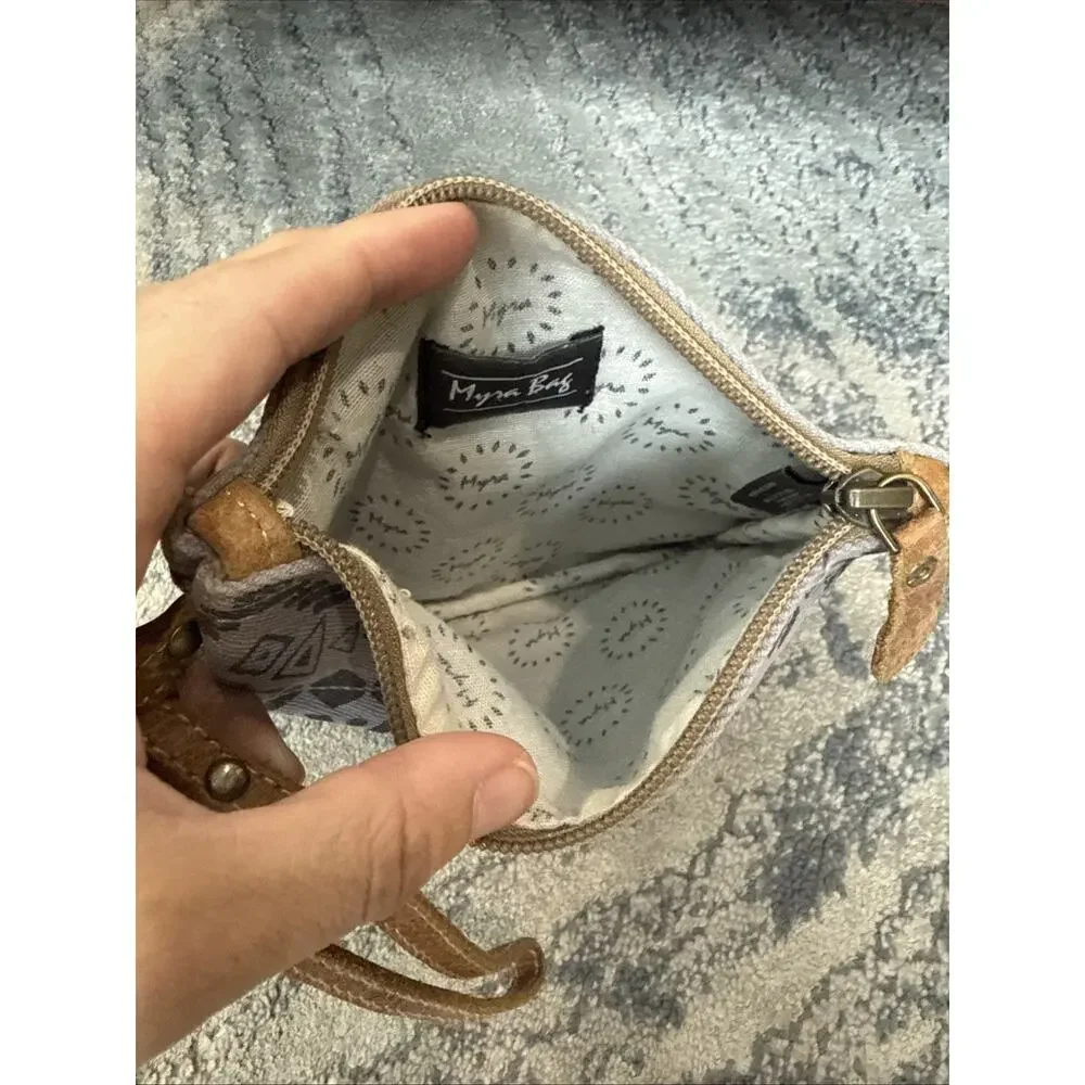 Myra Bag Womens Boho Canvas Leather Crossbody Blue Brown Wristlet Purse